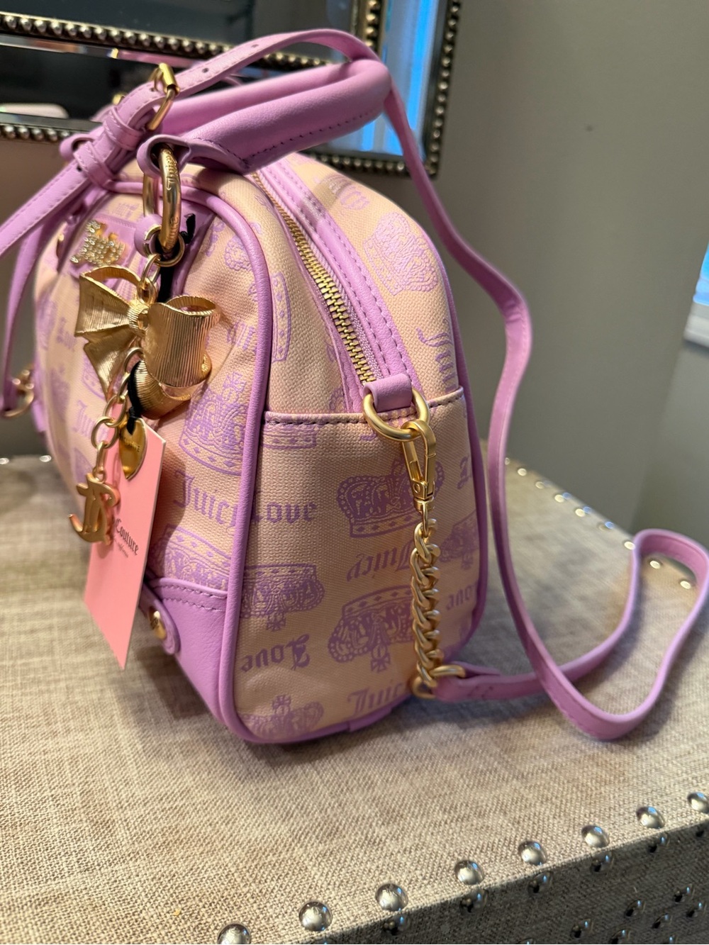 Exclusive Juicy Couture Pink and Cream Logo Bow Charm Crossbody Bag - Picture 4 of 13